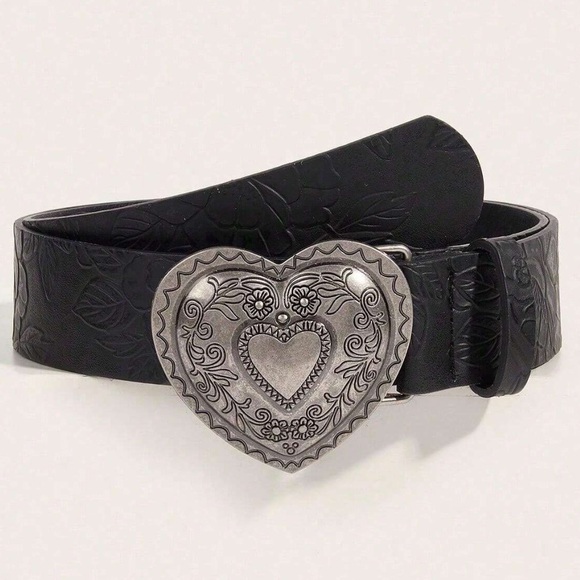 🩶 Vintage Tribal Peony Pattern Belt With Heart Buckle - Picture 5 of 7